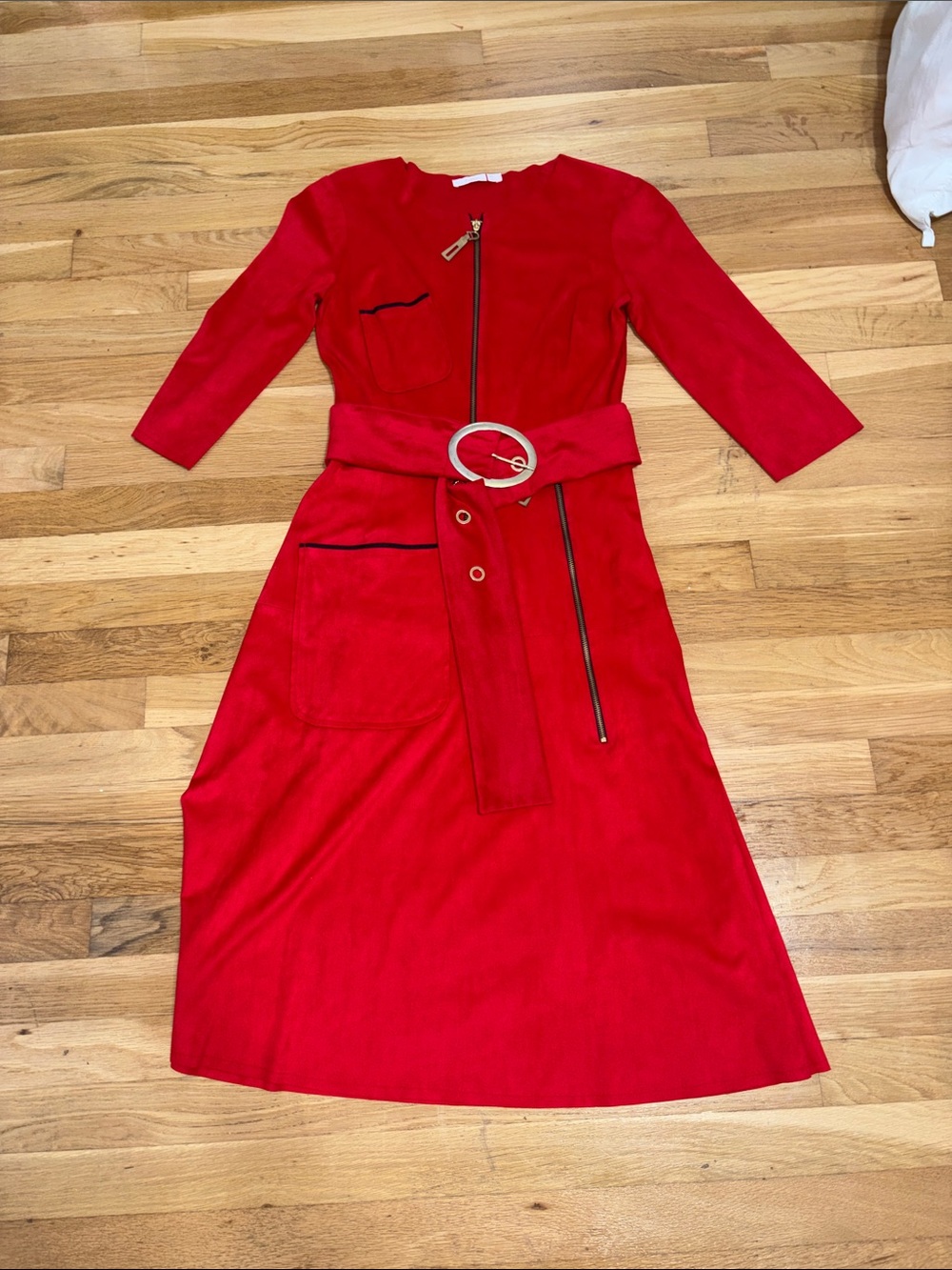 Red Belted Midi Dress with Zip Detail